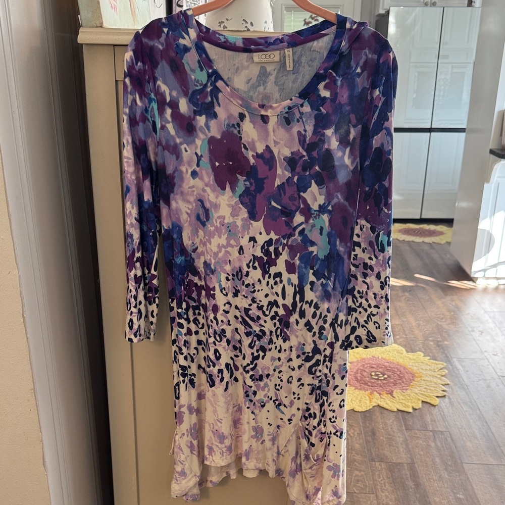 LOGO by Lori Goldstein Purple and Blue Abstract Floral Tunic